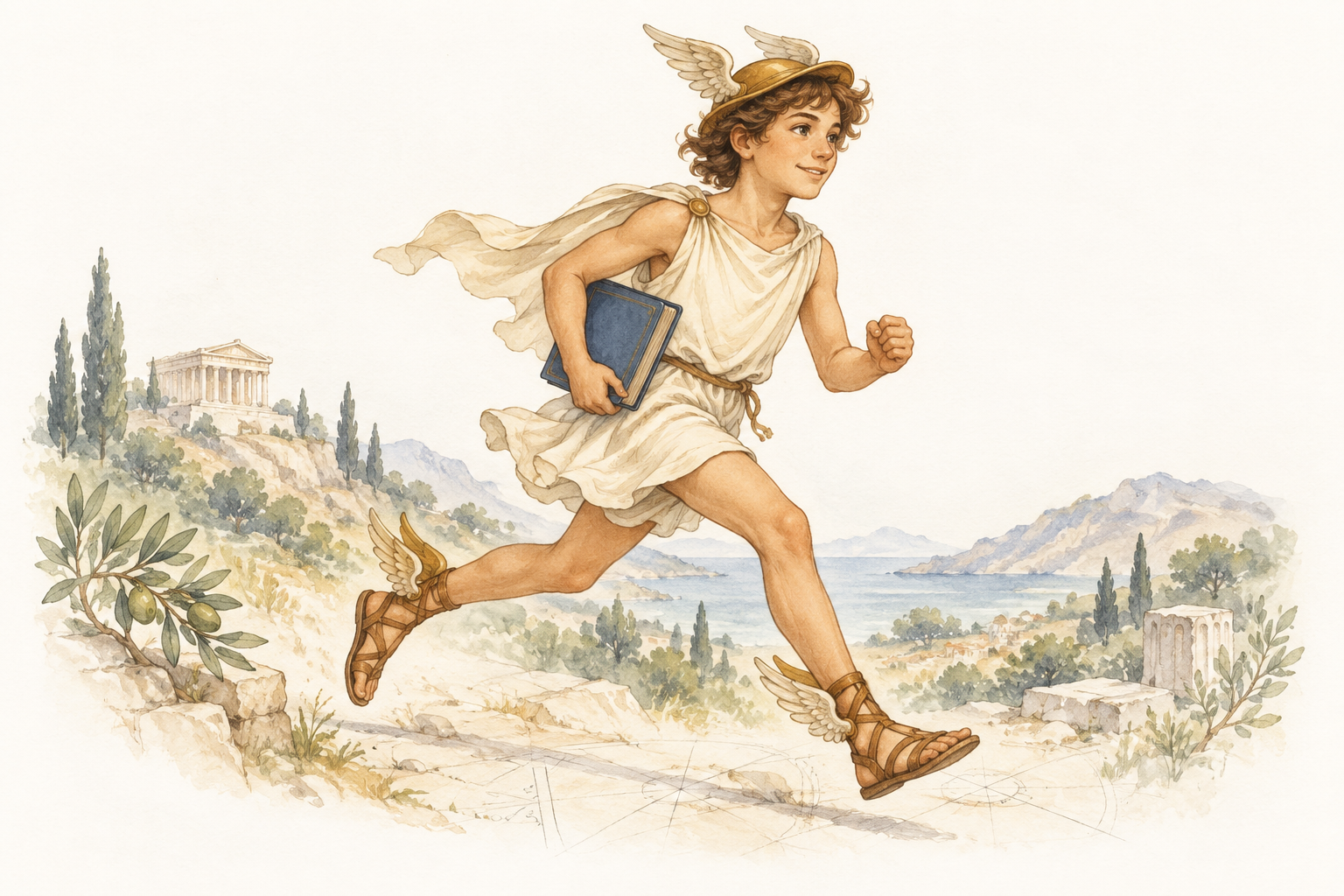 Молодой Hermes бежит с книгой на фоне античного пейзажа